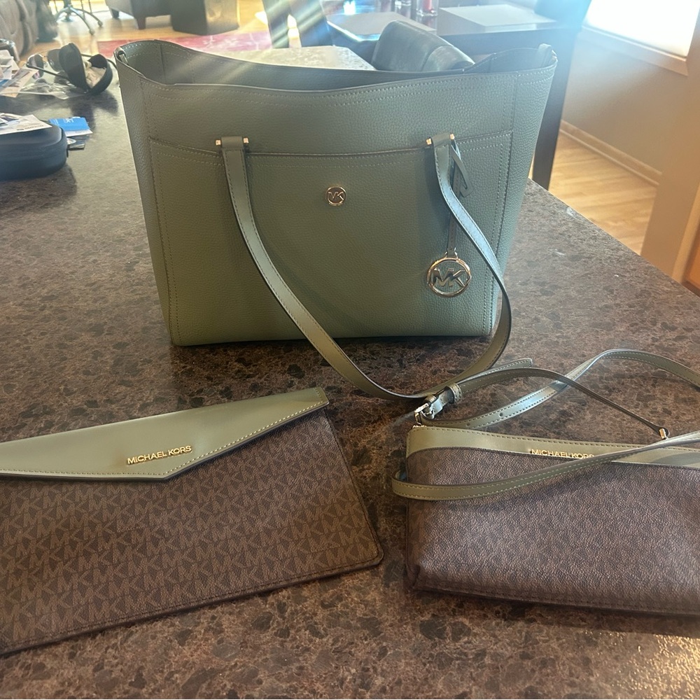 Michael Kors Maisie Army Green Leather Tote Large Three Piece Set